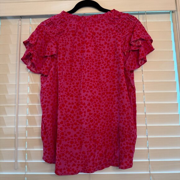 NWT Loft Pink & Red Hearts Ruffle Short Sleeve Top (Size: M) - Picture 3 of 3